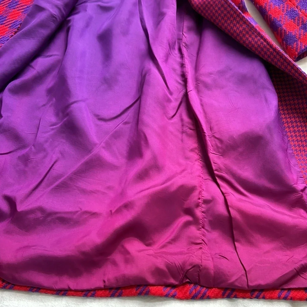 Carlisle Vintage Houndstooth Wool Plaid Long Coat Red Purple Size 6 - Picture 10 of 13